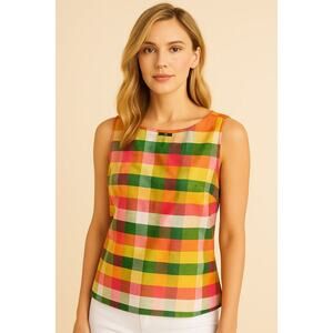 Talbots 100% Silk Multicolor Plaid Sleeveless Top Sz 4P NWT Vibrant Blouse